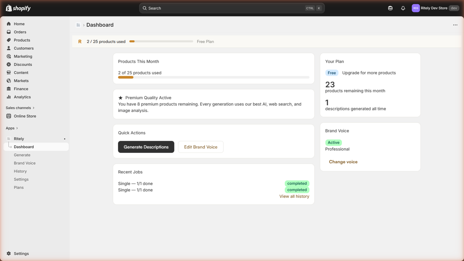 Ritely dashboard showing products used, credits remaining, brand voice status, and recent generation jobs