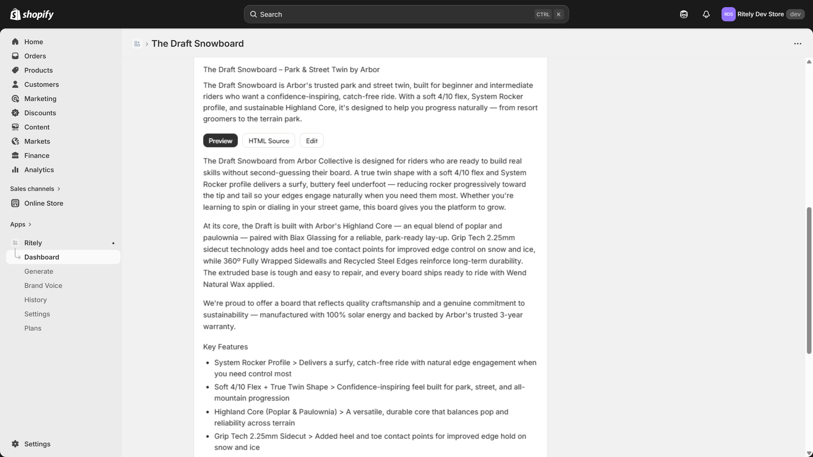 Generated product description in Ritely showing formatted output with preview, HTML source, and edit options